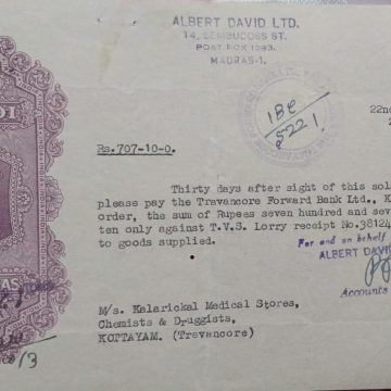 INDIA-HUNDI 2 ANNAS,Receipt Used,1953-Albert David Ltd MADRAS for the TRAVANCORE FORWARD BANK Ltd 22/OCTOBER/1953