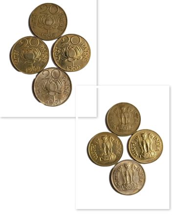 20 PAISE REPUBLIC COINS (1968-1971) SET OF 4  USED