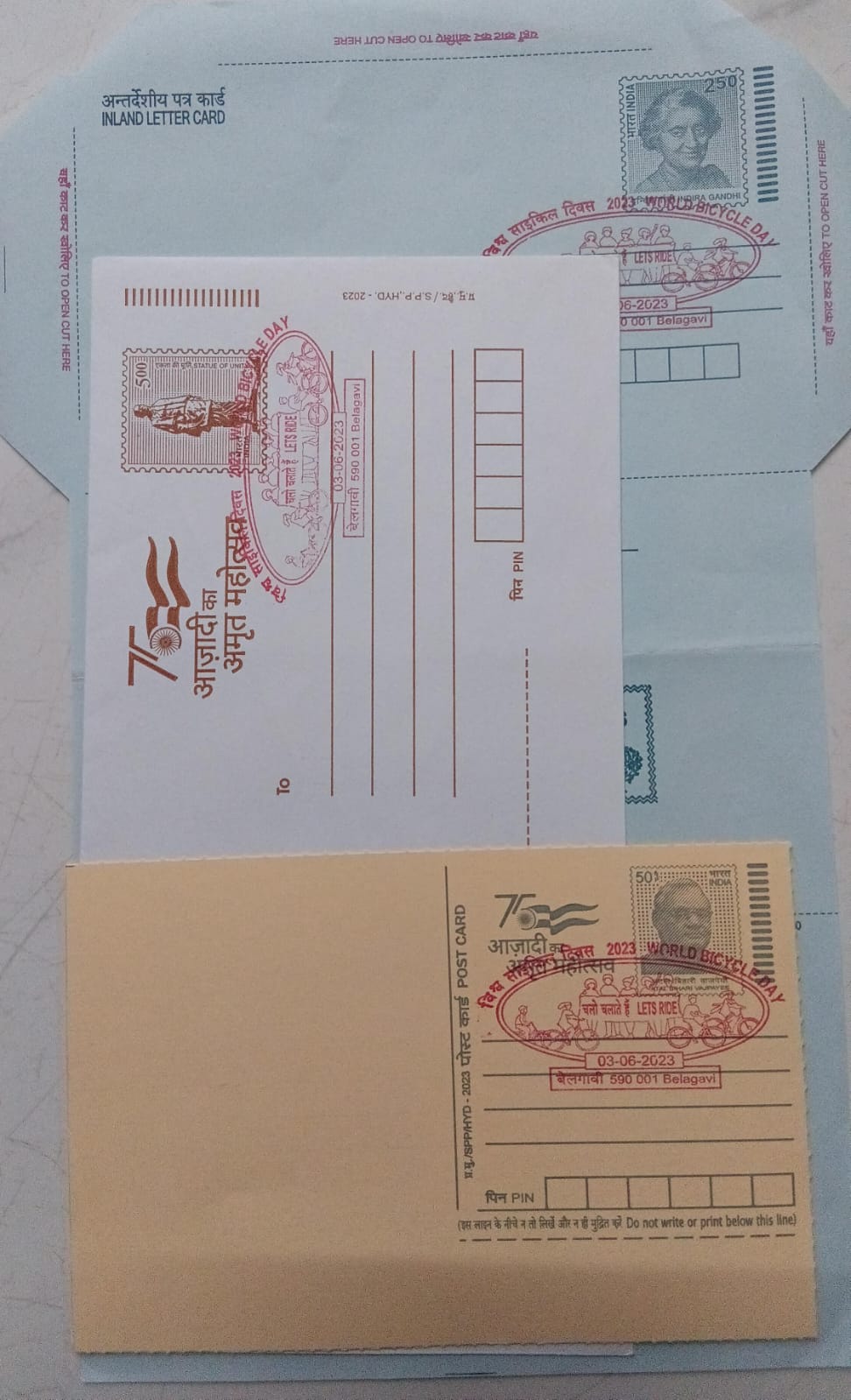 World Bicycle Day (Belagavi) Special cancellation on Postal stationary Envelope Inland letter & Postcard Released on 03-06-2023