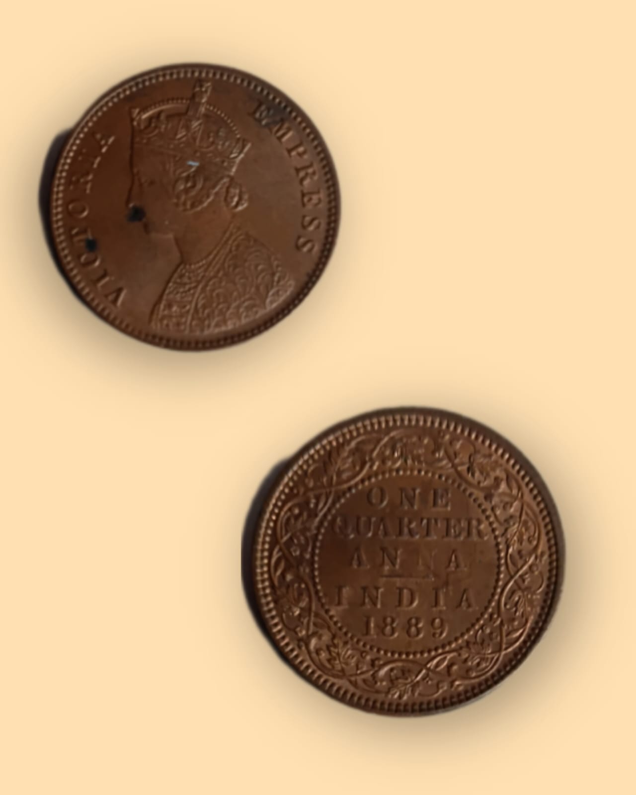 British India Coin VICTORIA EMPRESS-1 QUARTER ANNA1889 Used (COPPER) COIN