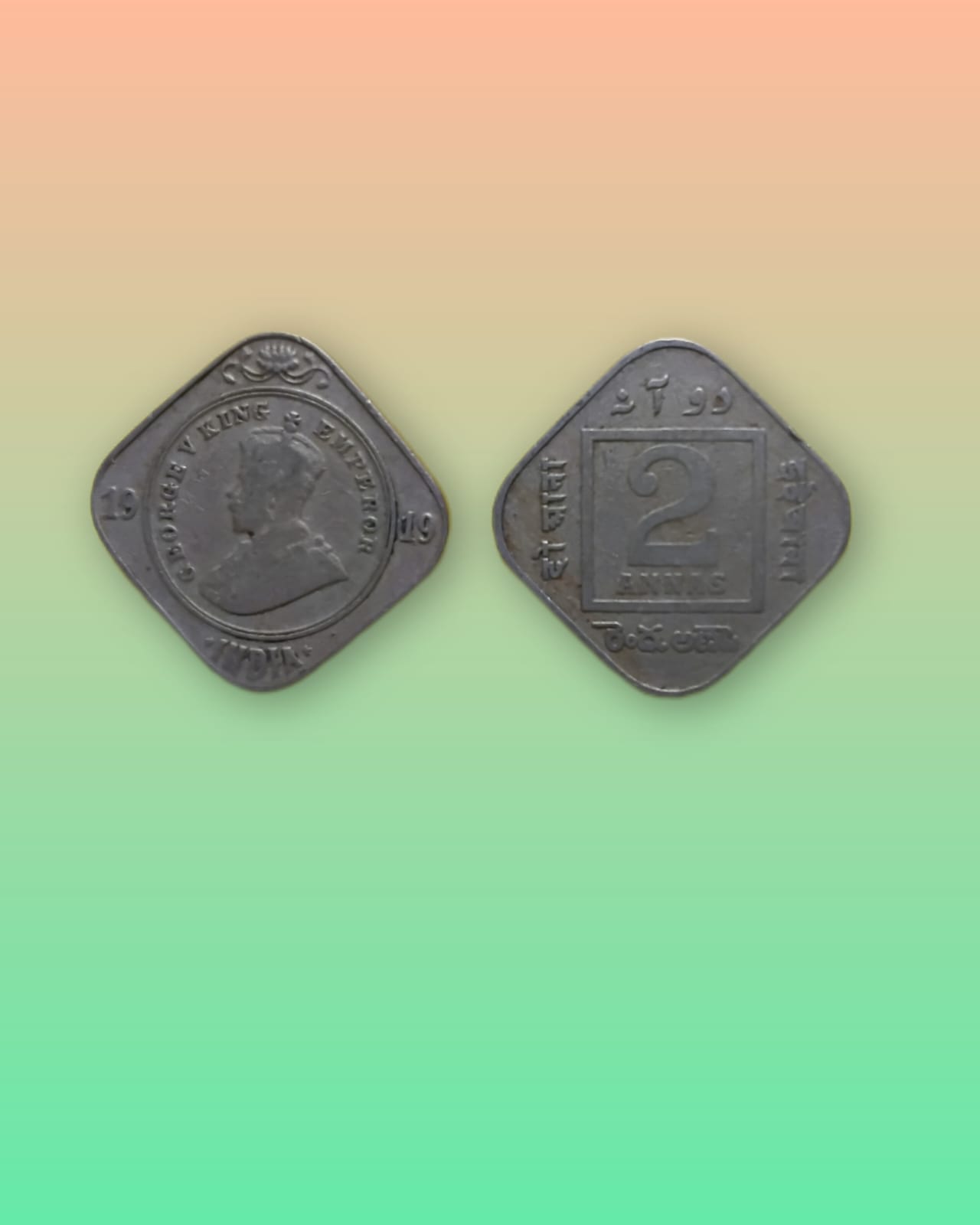 British India Coin George V - 2 Anna 1919 Used (Copper Nickle) COIN