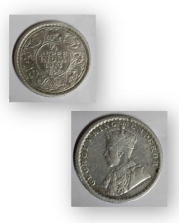 British India Coin – George V – 1/4 Rupee, 1913 – Used Silver Coin