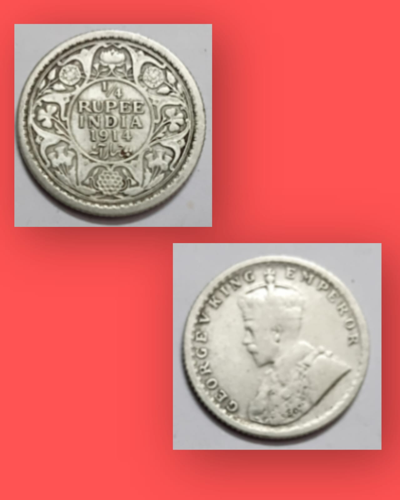 British India Coin George V 1/4 Rupee 1914 Used SILVER COIN