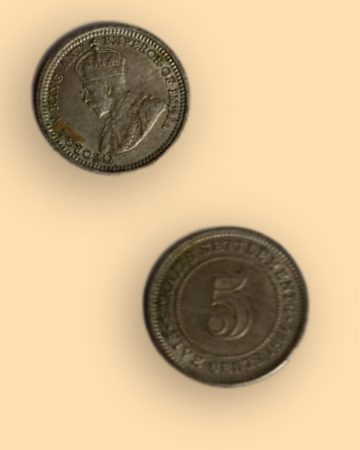 British India George V King 1926 5 CENTS STRAITS SETTLEMENTS Used SILVER COIN