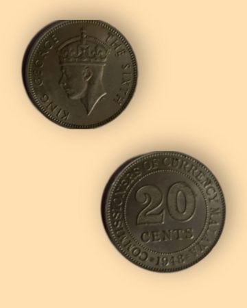 British India George King 1948 COMMISSIONERS OF Currency MALAYA 20 CENTS Used