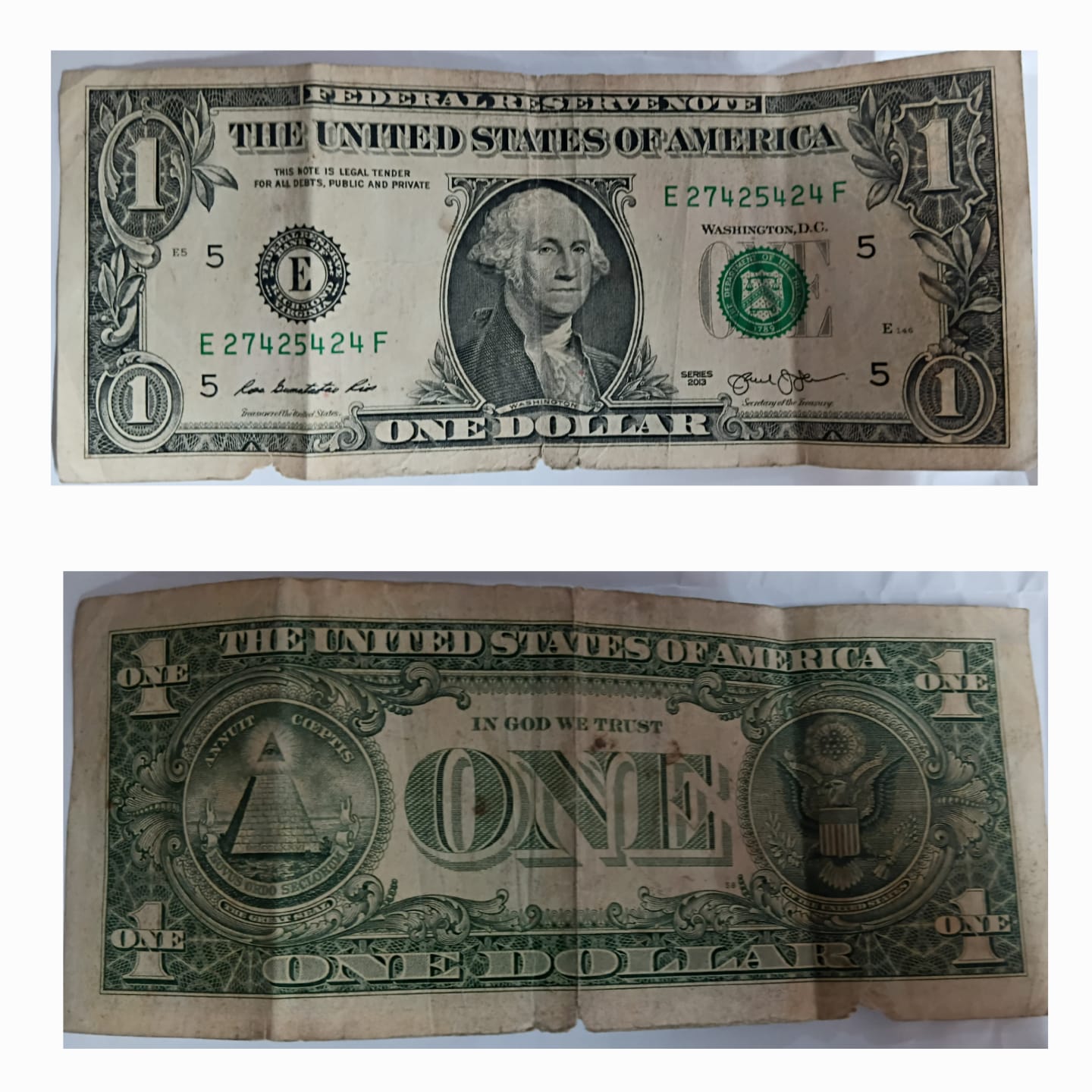 The United States of America Currency 1 Dollar 2013 Used (Slightly Damaged)