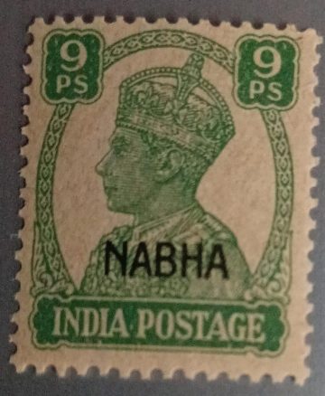 British India – King George VI Convention State overprint stamp of Nabha 9 Pies Stamp